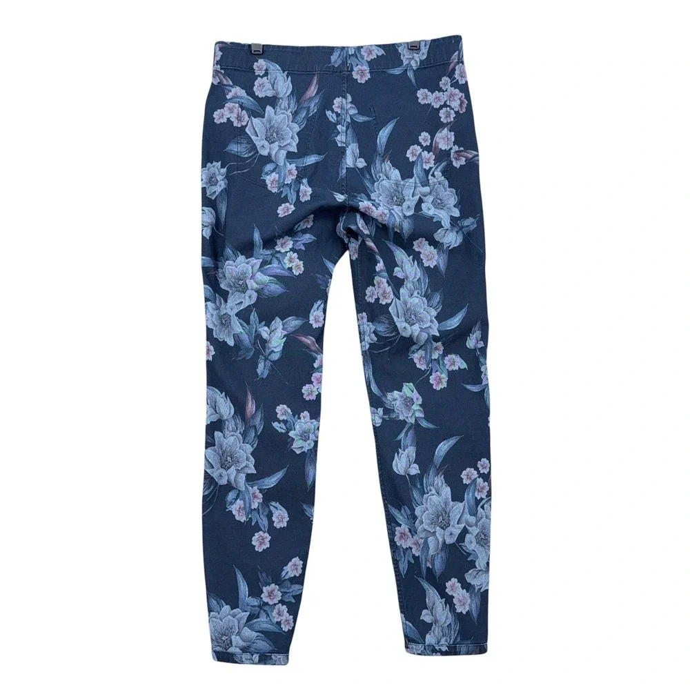 HUE Floral Print Pull On Leggings Womens Blue Slim Fit Reversable - Picture 2 of 8